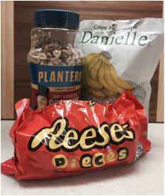 Peanut butter pieces, peanuts and banana chips
